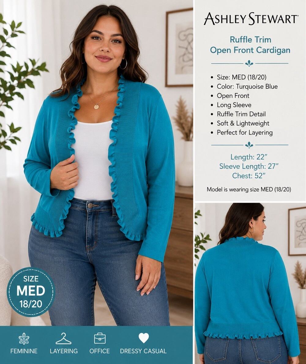 Ashley Stewart Turquoise Blue Sweater Cardigan 18/20 Ruffle Trim Open Front EUC